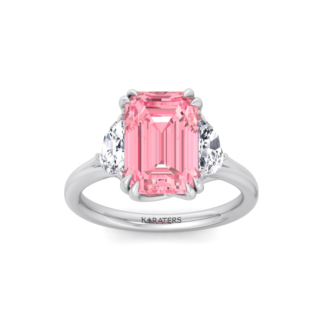 Fancy Pink Emerald Shape Lab Grown Diamond Engagement Ring with Half Moon Sidestones White Gold 14K 18K