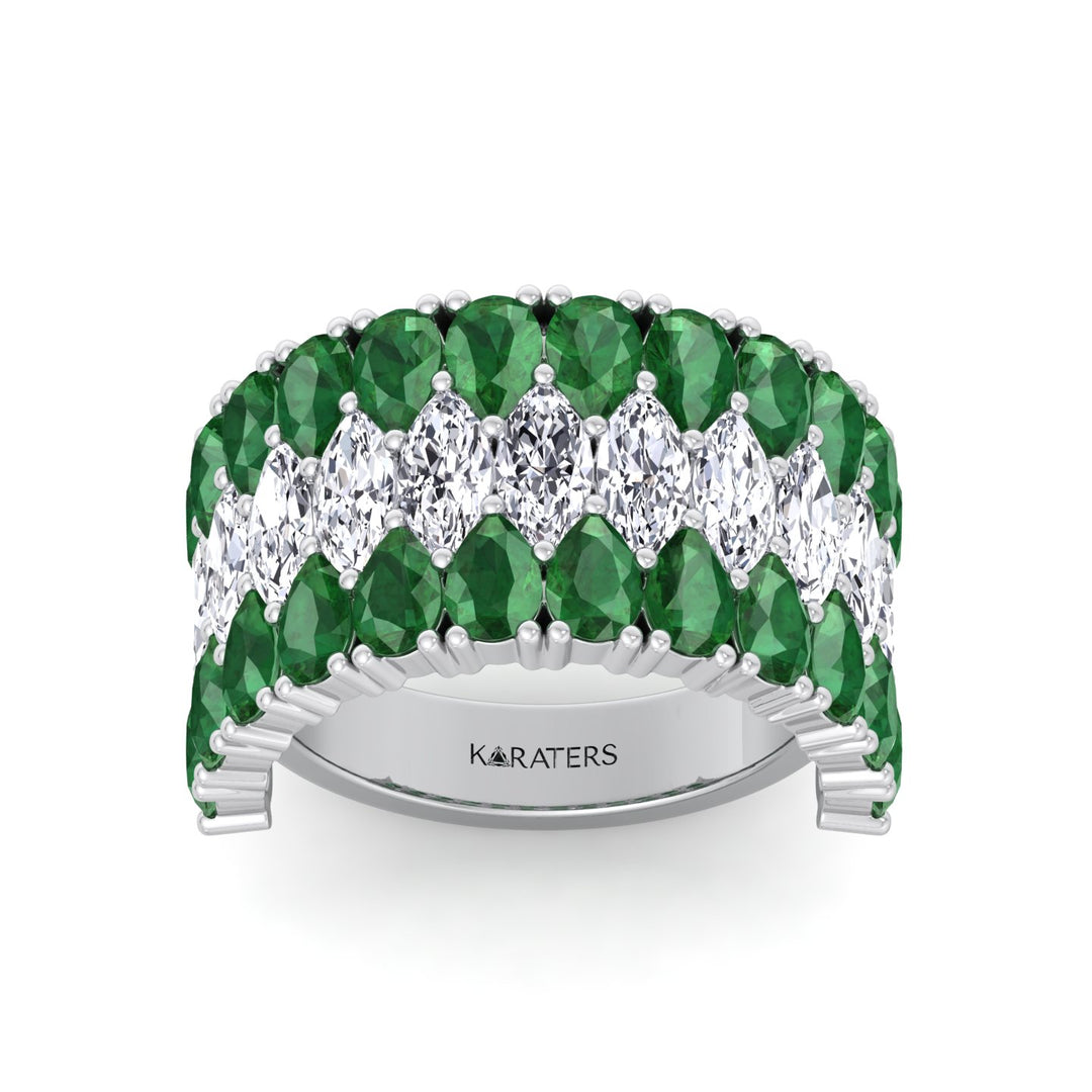 Pear Shape Green Emerald and Marquise Lab-Grown Diamond Cocktail Ring  WG 3