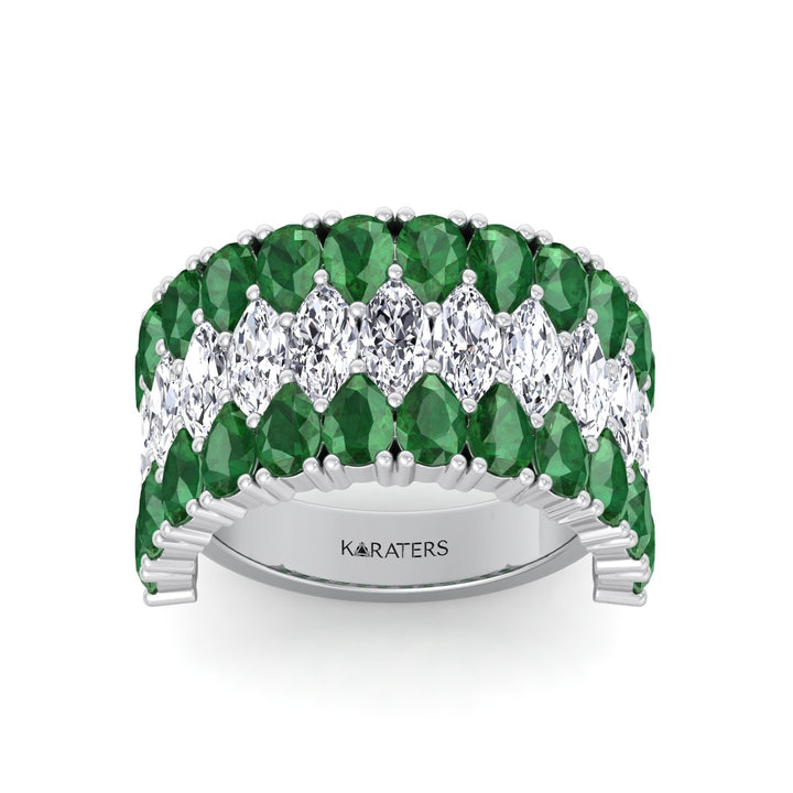 Pear Shape Green Emerald and Marquise Lab-Grown Diamond Cocktail Ring  WG 3