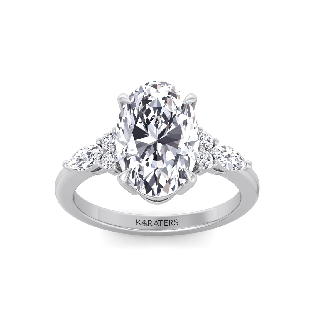 Oval Cut Lab Grown Diamond Engagement Ring with Round and Marquise Sidestones White Gold 14K 18K