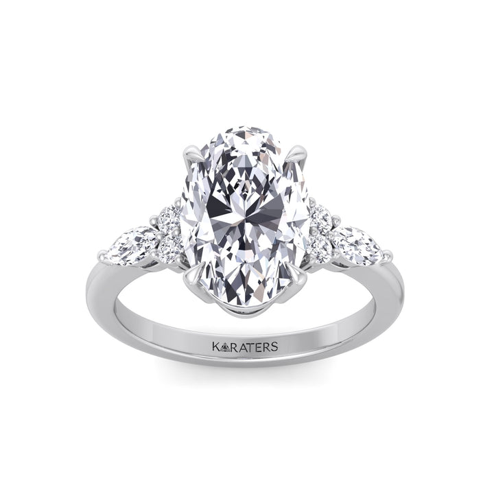 Oval Cut Lab Grown Diamond Engagement Ring with Round and Marquise Sidestones White Gold 14K 18K