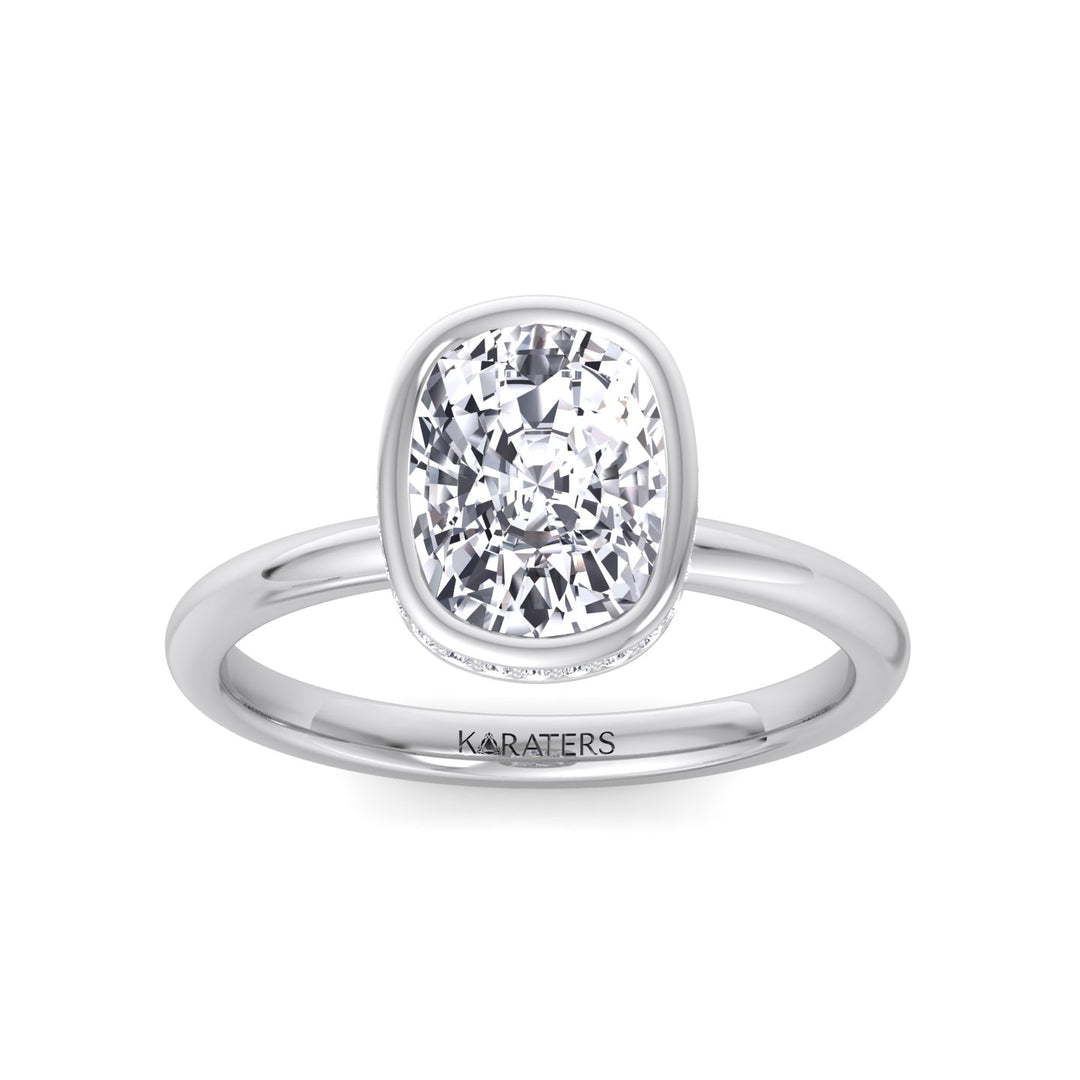 Bezel Set Cushion Cut Lab Grown Diamond Engagement Ring with Hidden Halo White Gold 14K 18K