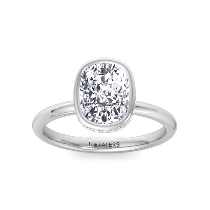 Bezel Set Cushion Cut Lab Grown Diamond Engagement Ring with Hidden Halo White Gold 14K 18K