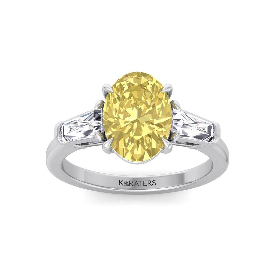Fancy Yellow Oval Shape Lab Grown Diamond Engagement Ring with Tapered Baguette Sidestones White Gold 14K 18K