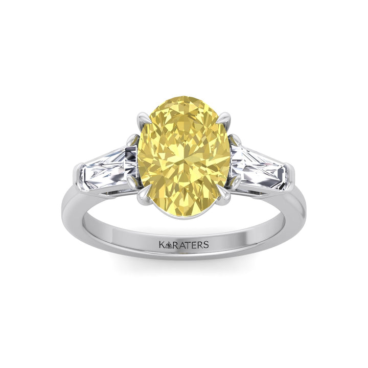 Fancy Yellow Oval Shape Lab Grown Diamond Engagement Ring with Tapered Baguette Sidestones White Gold 14K 18K
