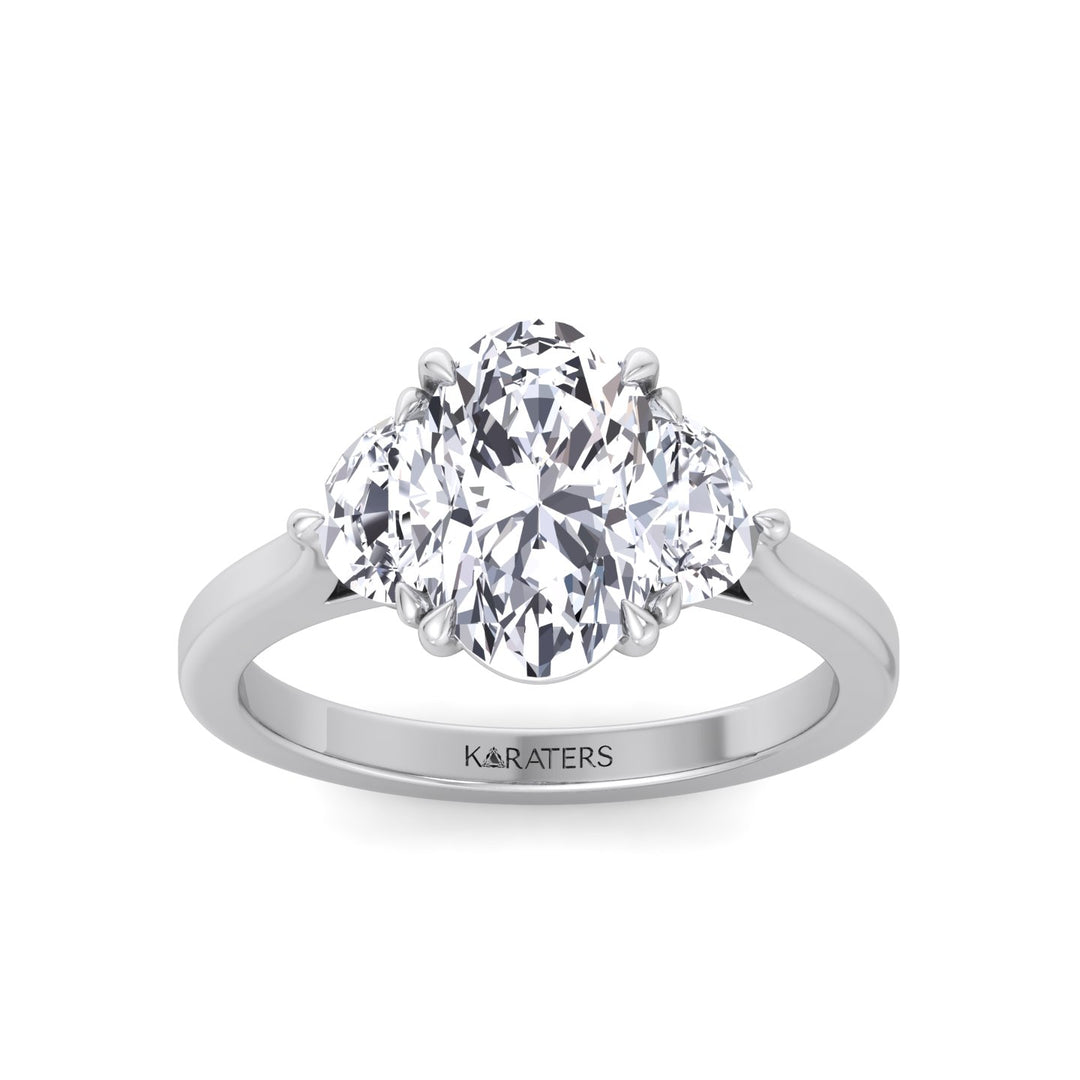Oval Shape Lab Grown Diamond Engagement Ring with Half Moon Sidestones White Gold 14K 18K