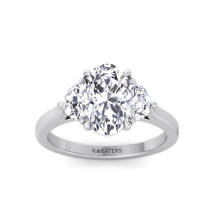 Oval Shape Lab Grown Diamond Engagement Ring with Half Moon Sidestones White Gold 14K 18K