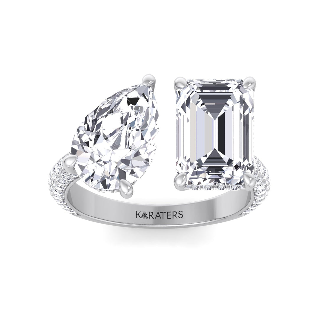 Toi Et Moi Emerald & Pear Shape Lab Grown Diamond Hidden Halo Engagement Ring with Side Stones