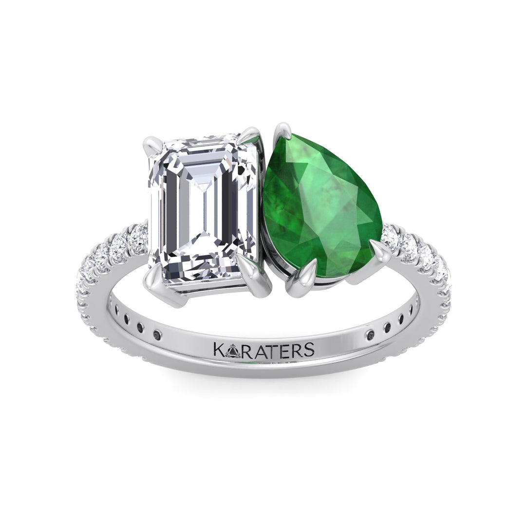 Toi Et Moi Emerald & Green Pear Shape Lab Grown Diamond Engagement Ring With Pave Band