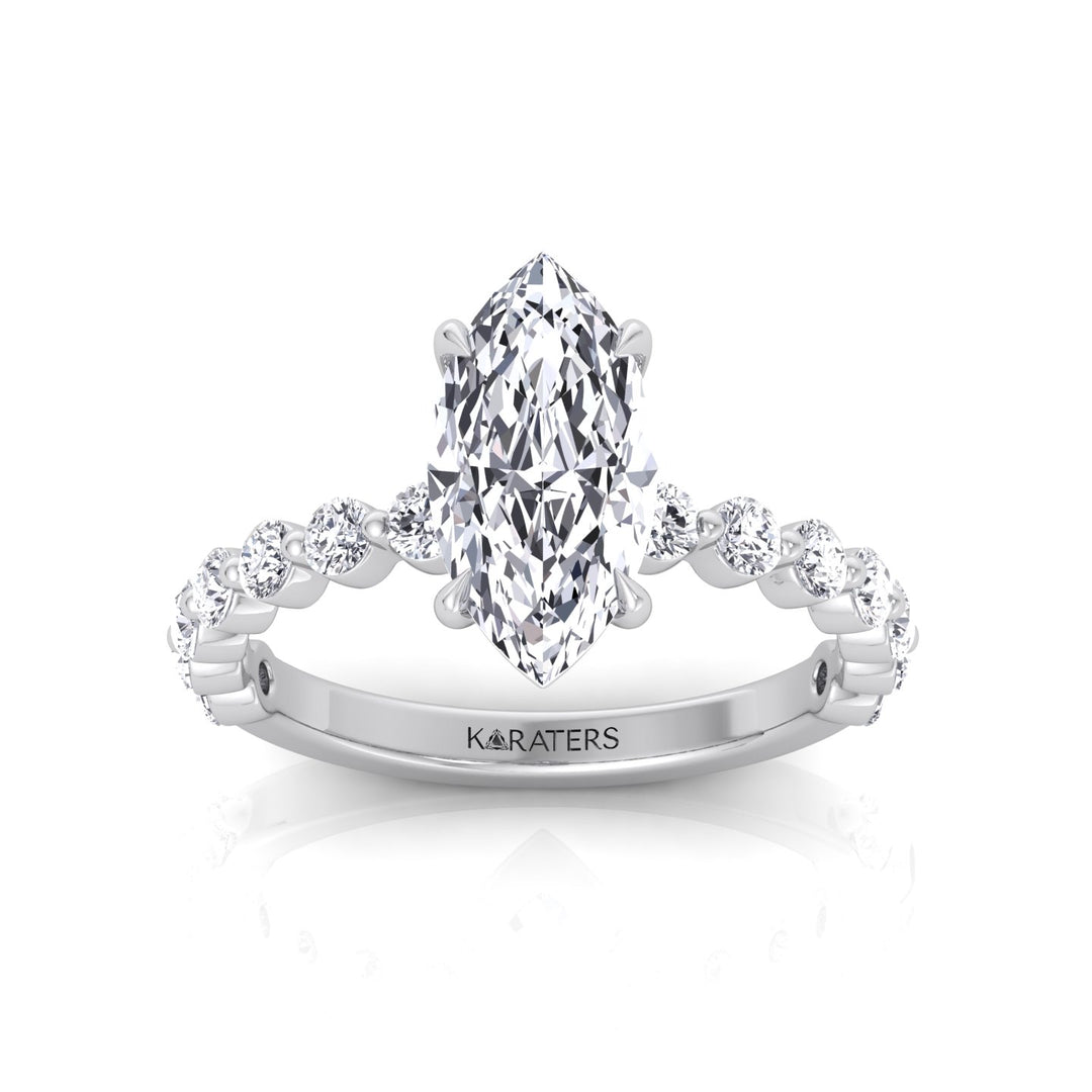 Veloma - Marquise Shape Lab Grown Diamond Engagement Ring with Round Single Prong Side Stones