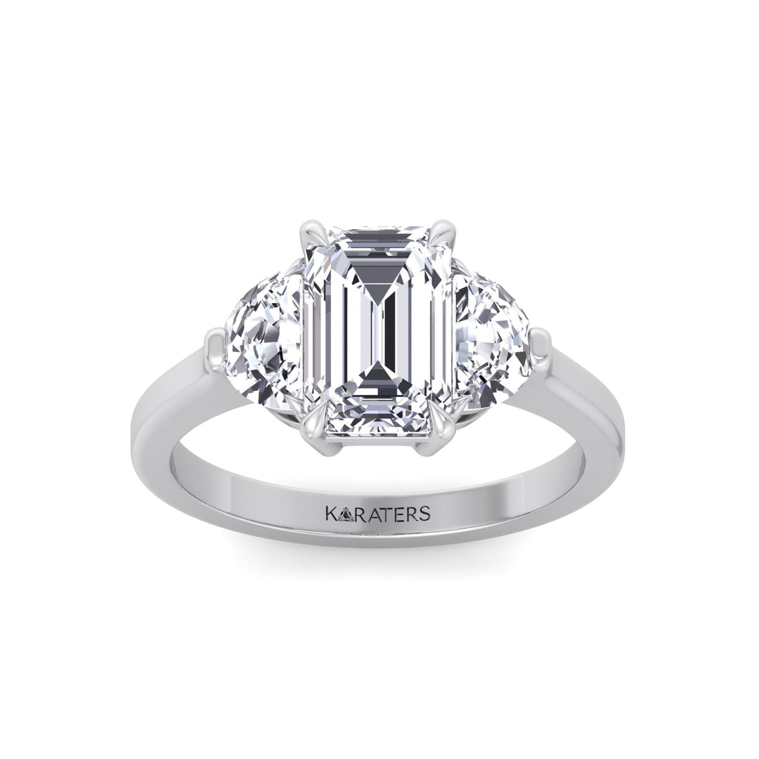 Emerald Shape Lab Grown Diamond Engagement Ring with Half Moon Sidestones White Gold 14K 18K