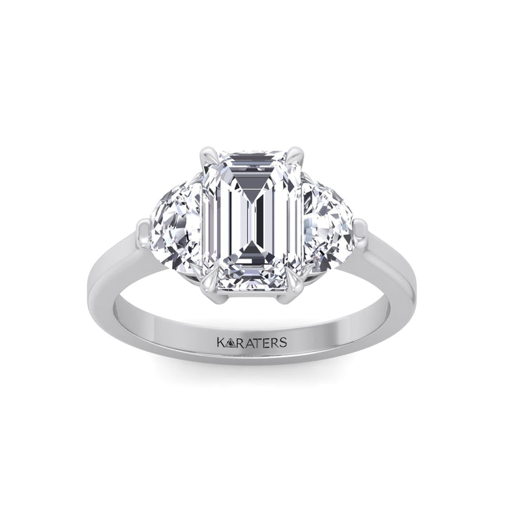 Emerald Shape Lab Grown Diamond Engagement Ring with Half Moon Sidestones White Gold 14K 18K
