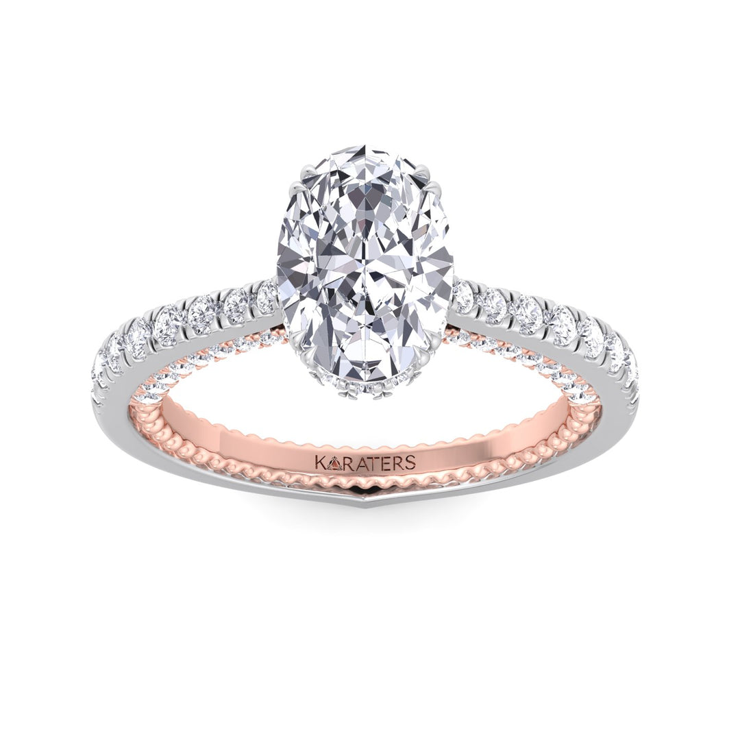 Oval Cut Lab Grown Diamond Engagement Ring With Milligrain with Two-Tone Pave Band