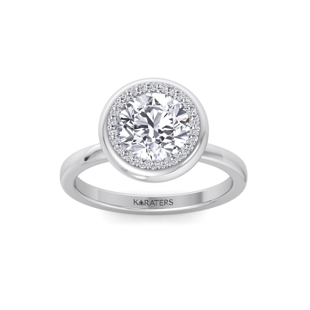Bezel Set Round Shape Halo Lab Grown Diamond Engagement Ring White Gold 14K 18K