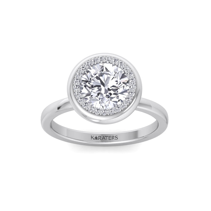 Bezel Set Round Shape Halo Lab Grown Diamond Engagement Ring White Gold 14K 18K