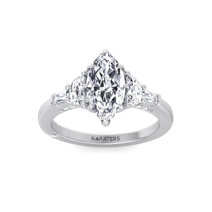 Marquise Shape Lab Grown Diamond Engagement Ring with Half Moon and Tapered Baguette Sidestones White Gold 14K 18K
