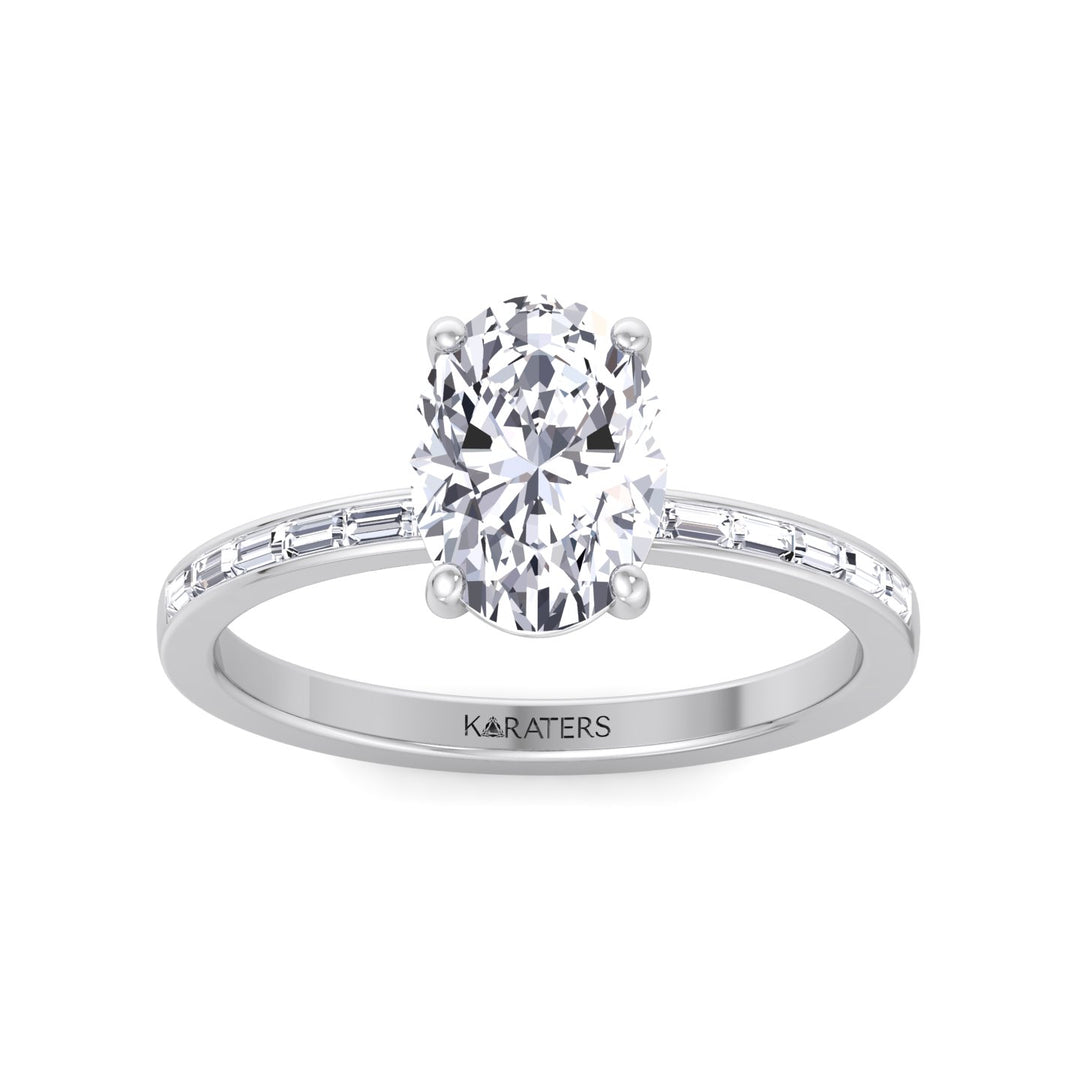 Oval Cut Lab Grown Diamond Engagement Ring with Baguette Channel Band-1CT-2CT-3CT-4CT-5CT-6CT-7CT-8CT-9CT-10CT-14K-18K-White Gold