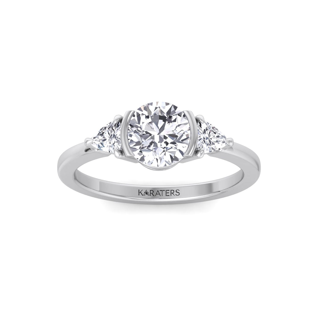 Half Bezel Round Shape Lab-Grown Diamond Engagement Ring with Trillion Sidestones White Gold 14K 18K