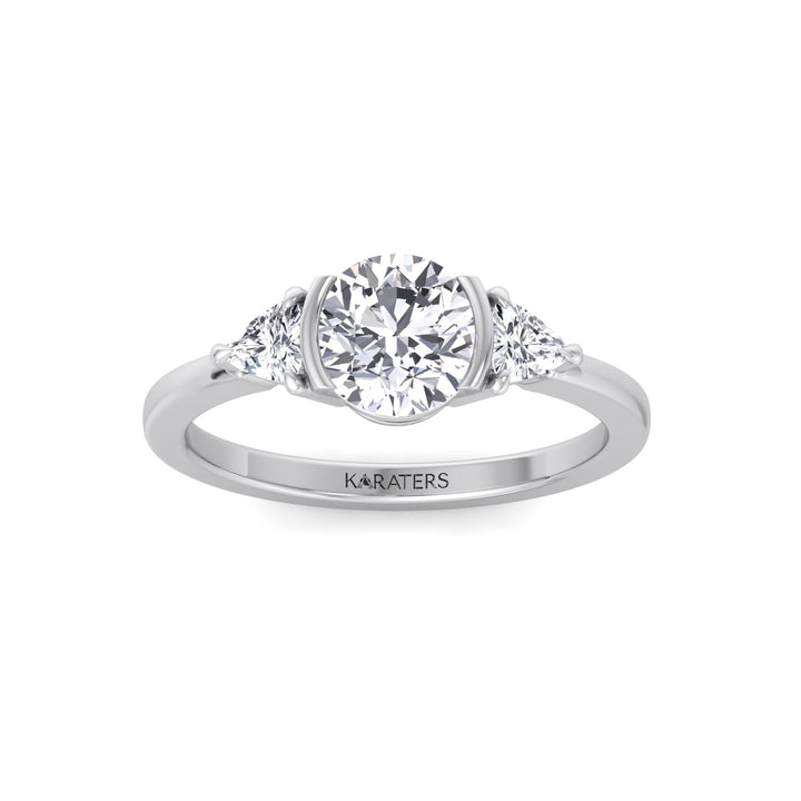 Half Bezel Round Shape Lab-Grown Diamond Engagement Ring with Trillion Sidestones White Gold 14K 18K