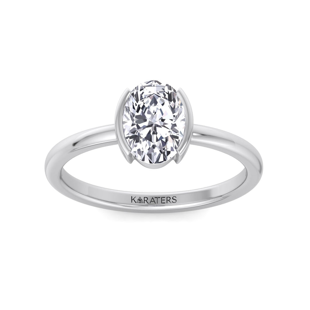 Half Bezel Oval Shape Lab-Grown Diamond Engagement Ring-14K-18K-Platinum-1CT-2CT-3CT-4CT-5CT-6CT-7CT-8CT-9CT-10CT-White Gold