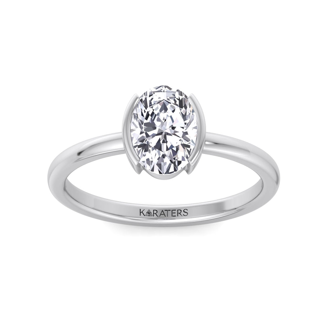 Half Bezel Oval Shape Lab-Grown Diamond Engagement Ring-14K-18K-Platinum-1CT-2CT-3CT-4CT-5CT-6CT-7CT-8CT-9CT-10CT-White Gold