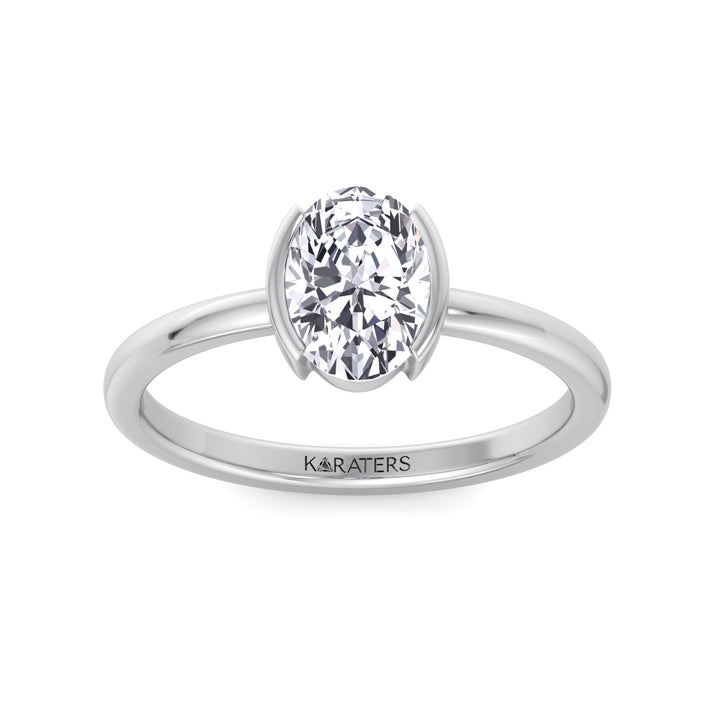 Half Bezel Oval Shape Lab-Grown Diamond Engagement Ring-14K-18K-Platinum-1CT-2CT-3CT-4CT-5CT-6CT-7CT-8CT-9CT-10CT-White Gold