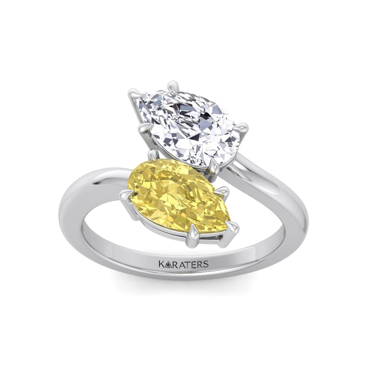 Fancy Yellow Pear Shape Lab Grown Diamond Bypass Two Stone Engagement Ring White Gold 14K 18K