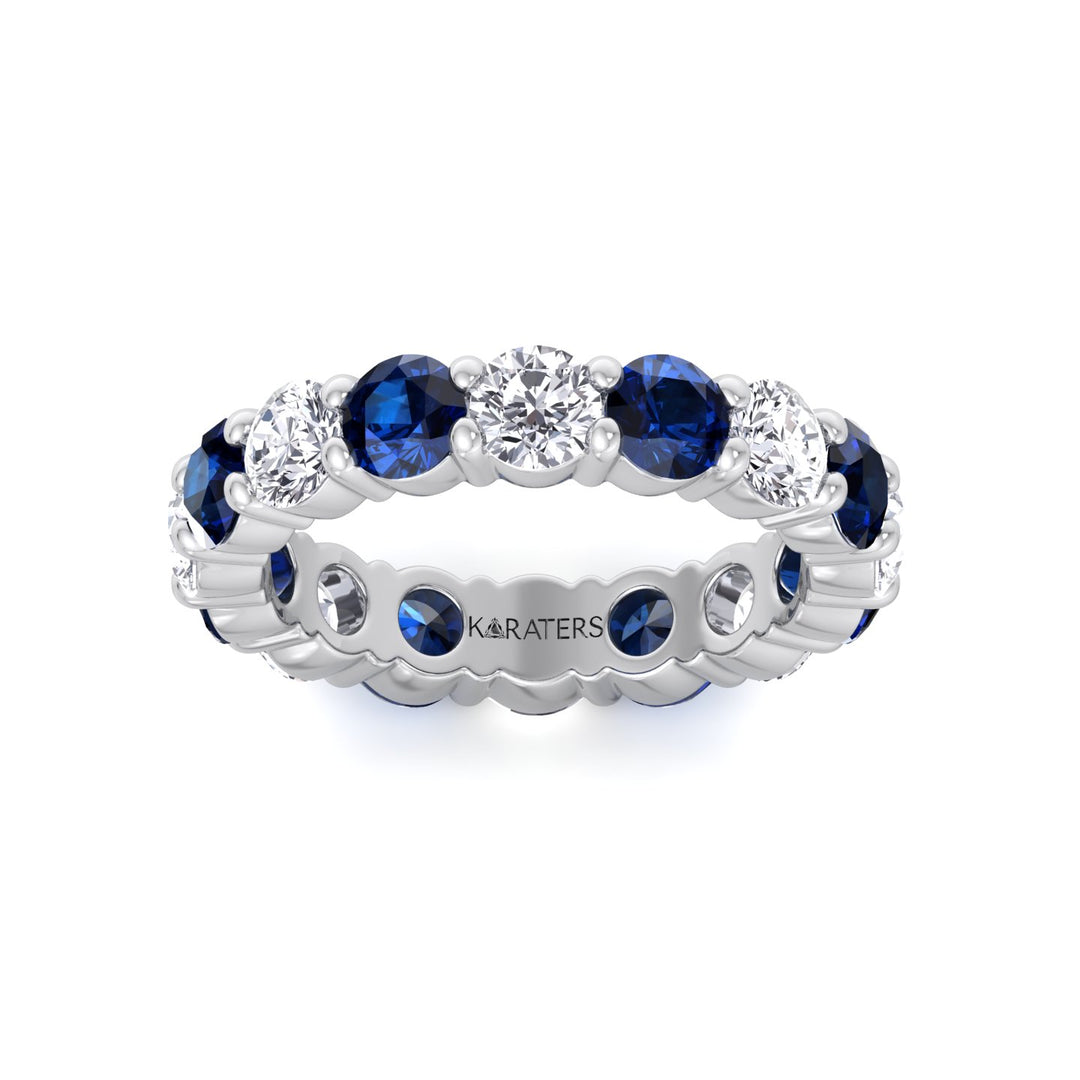 Alternating Round Shape Lab Grown Blue Sapphire and Diamonds Eternity Band White Gold 14K 18K