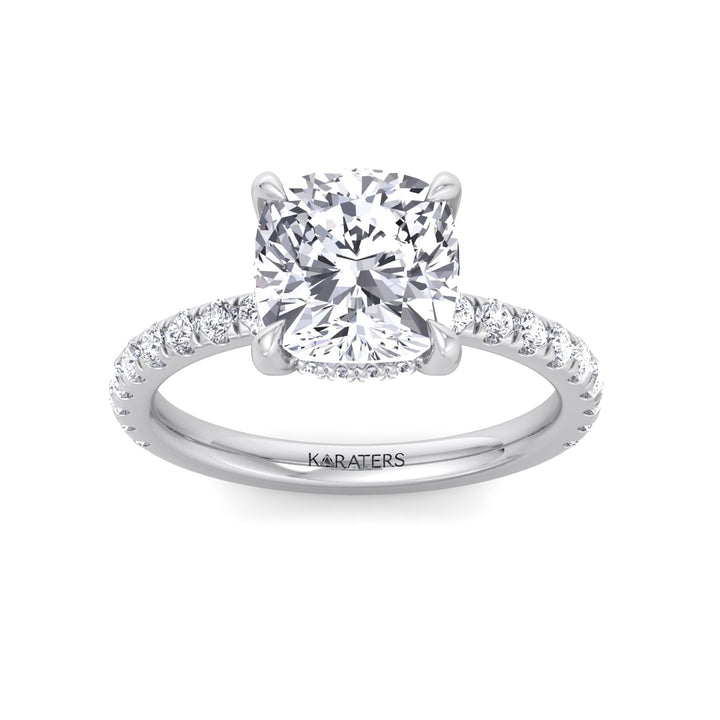 Cushion Cut Lab Grown Diamond Engagement Ring with Sidestones and Hidden Halo White Gold 14K 18K