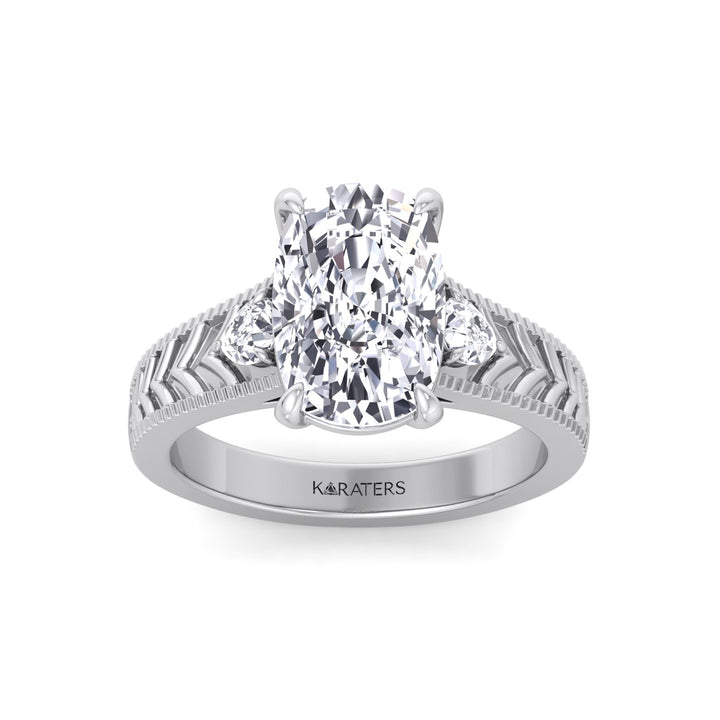 Vintage Style Elongated Cushion-Cut Lab Grown Diamond Engagement Ring with Pear Sidestones White Gold 14K 18K