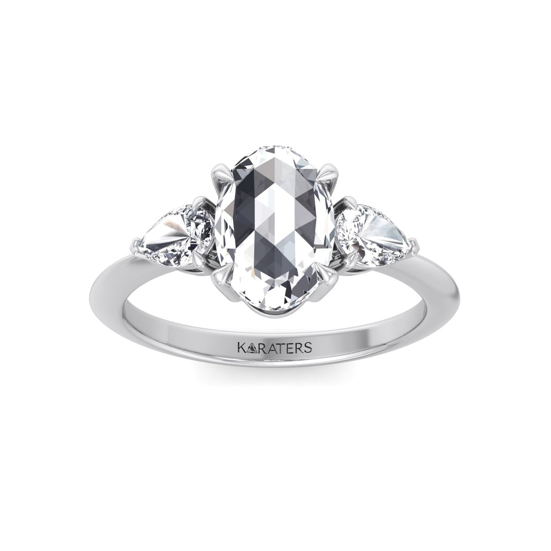 Oval Rose-Cut Lab Grown Diamond Engagement Ring with Pear Sidestones White Gold 14K 18K