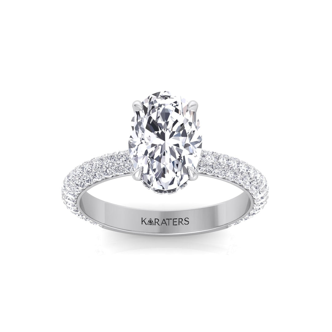 Oval Shape Lab-Grown Diamond Invisible Halo Engagement Ring with Three Row Pave Band White Gold 14K 18K