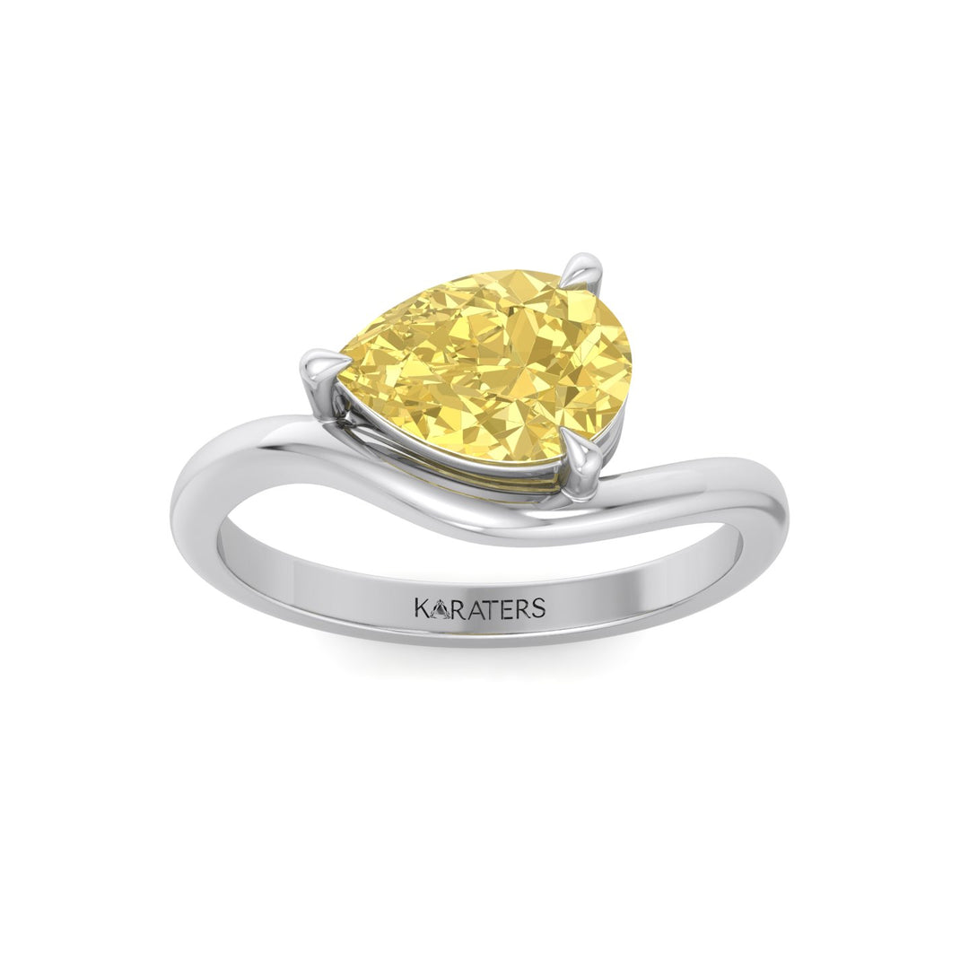East West Pear Fancy Yellow Shape Lab Grown Diamond Curved Engagement Ring White Gold 14K 18K