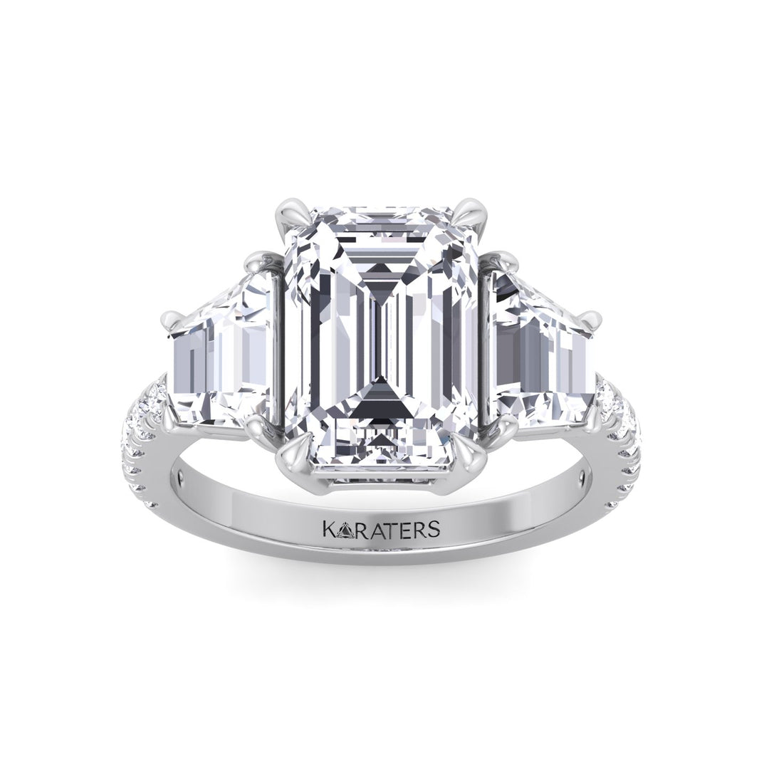 Emerald & Trapezoid Three Stone Lab-Grown Diamond Engagement Ring with Sidestones White Gold 14K 18K