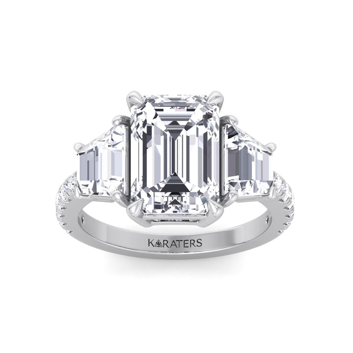 Emerald & Trapezoid Three Stone Lab-Grown Diamond Engagement Ring with Sidestones White Gold 14K 18K
