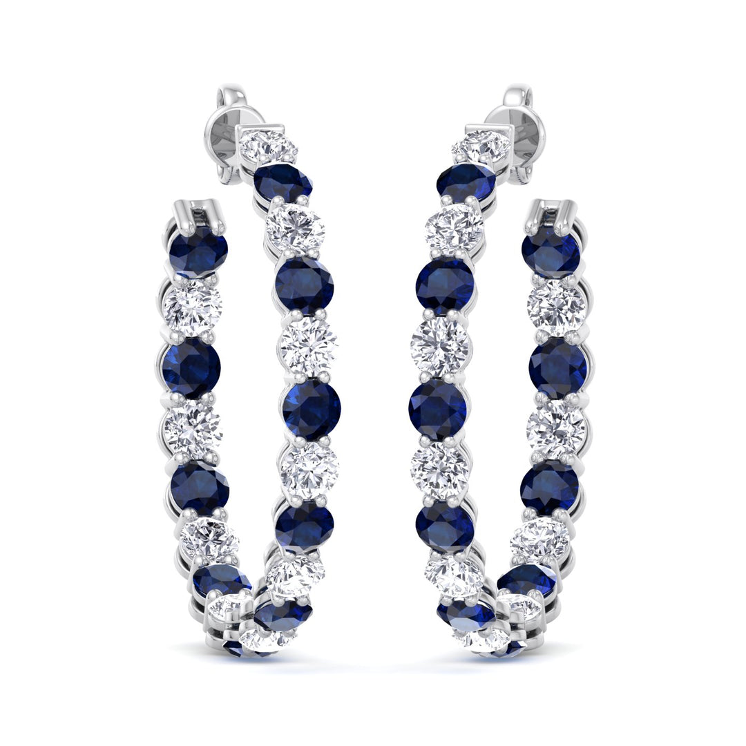 Alternating Lab Grown Blue Sapphire and Diamond Inside Out Hoop Earrings White Gold 14K