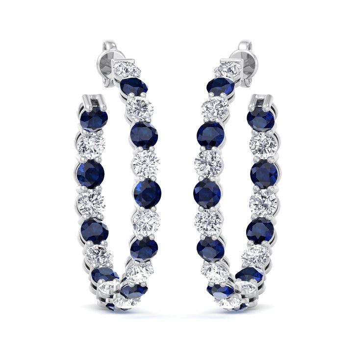 Alternating Lab Grown Blue Sapphire and Diamond Inside Out Hoop Earrings White Gold 14K