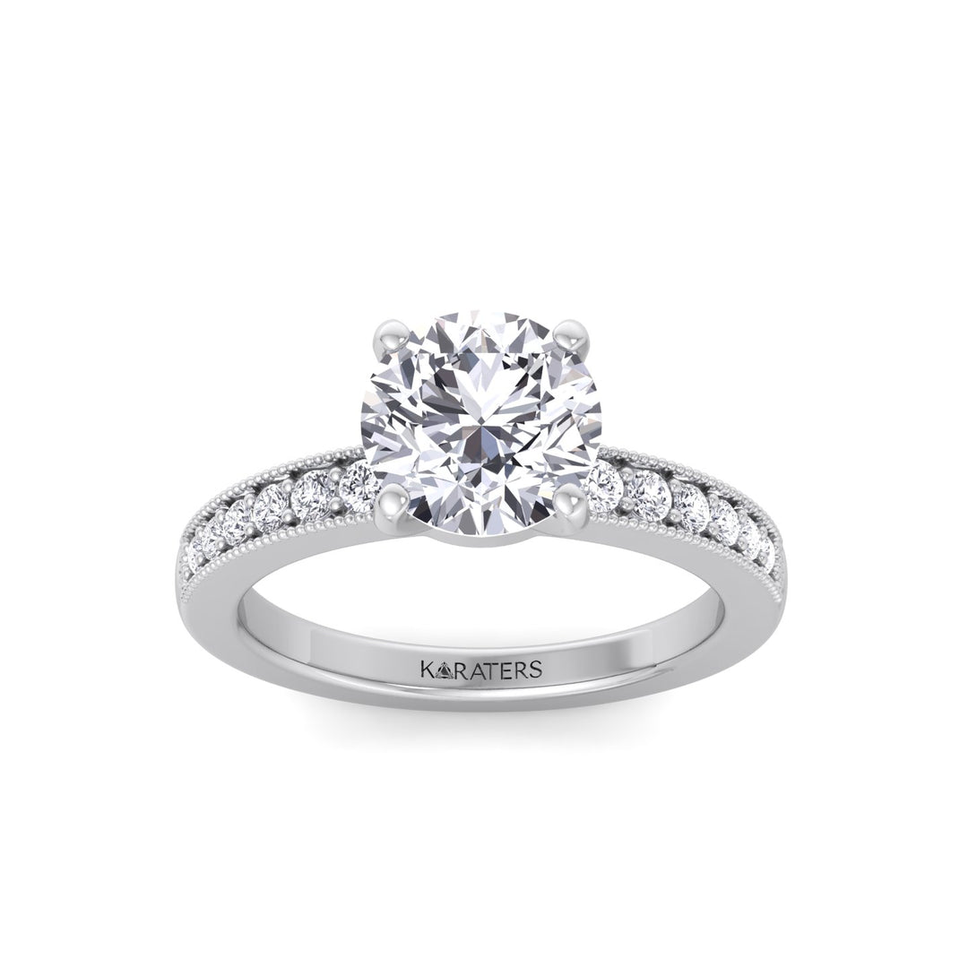 Vintage Round Shape Lab Grown Diamond Engagement Ring with Channel Set Side Stones White Gold 14K 18K