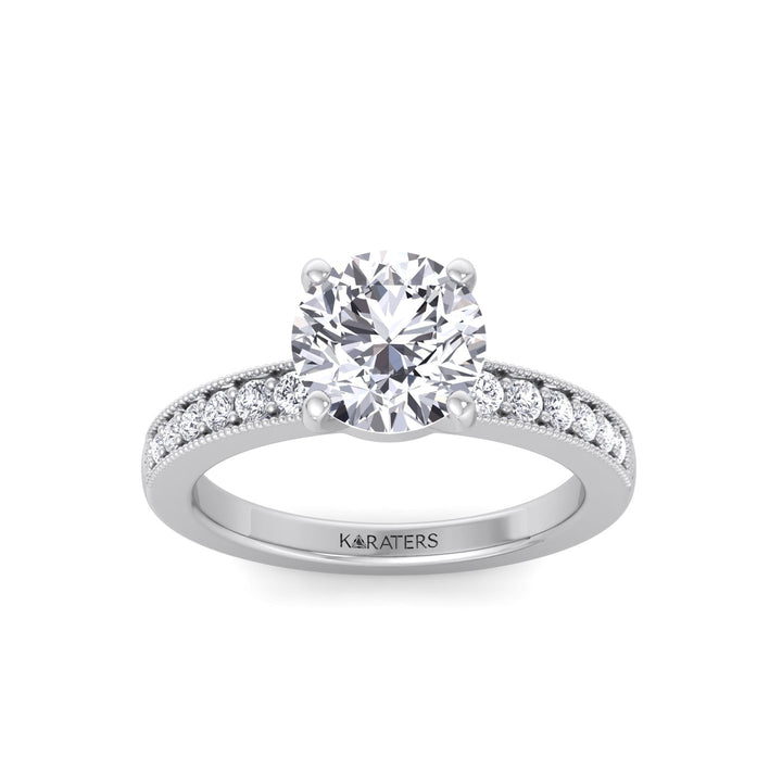 Vintage Round Shape Lab Grown Diamond Engagement Ring with Channel Set Side Stones White Gold 14K 18K