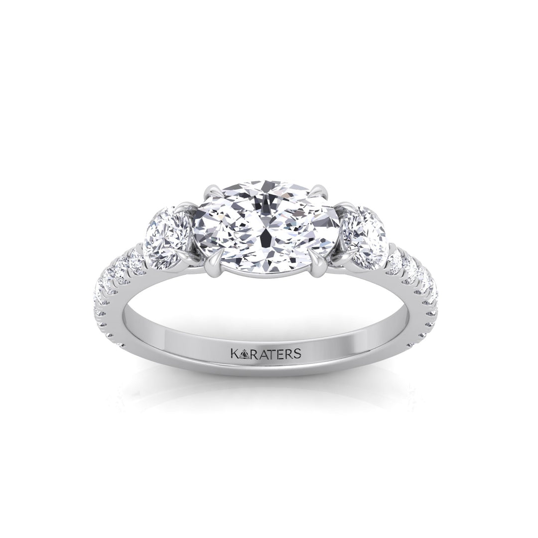 East West Oval Lab-Grown Diamond Engagement Ring with Round Sidestones White Gold 14K 18K