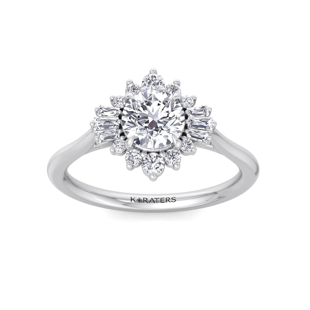 Round Cut Lab Grown Diamond Engagement Ring with Round and Tapered Baguette Clusters