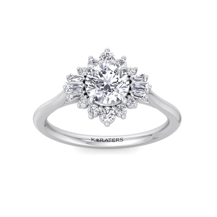Round Cut Lab Grown Diamond Engagement Ring with Round and Tapered Baguette Clusters