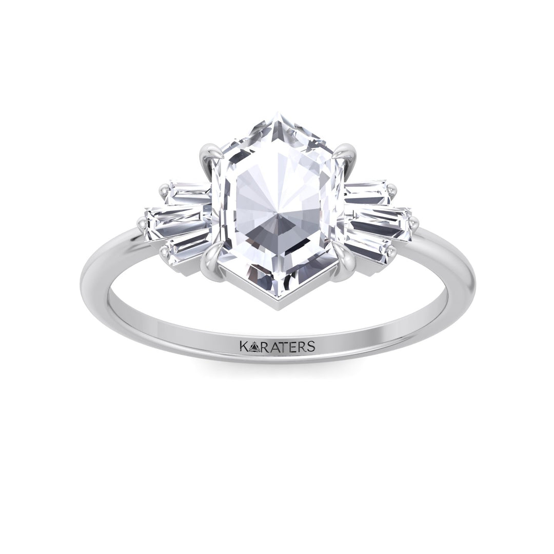 Rose Cut Hexagon Shape Lab Grown Diamond Engagement Ring with Tapered Baguettes