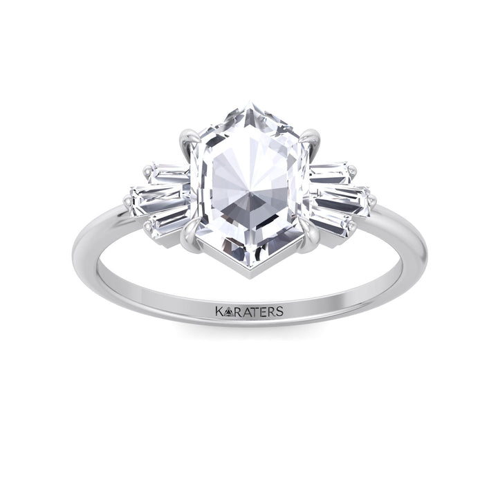 Rose Cut Hexagon Shape Lab Grown Diamond Engagement Ring with Tapered Baguettes
