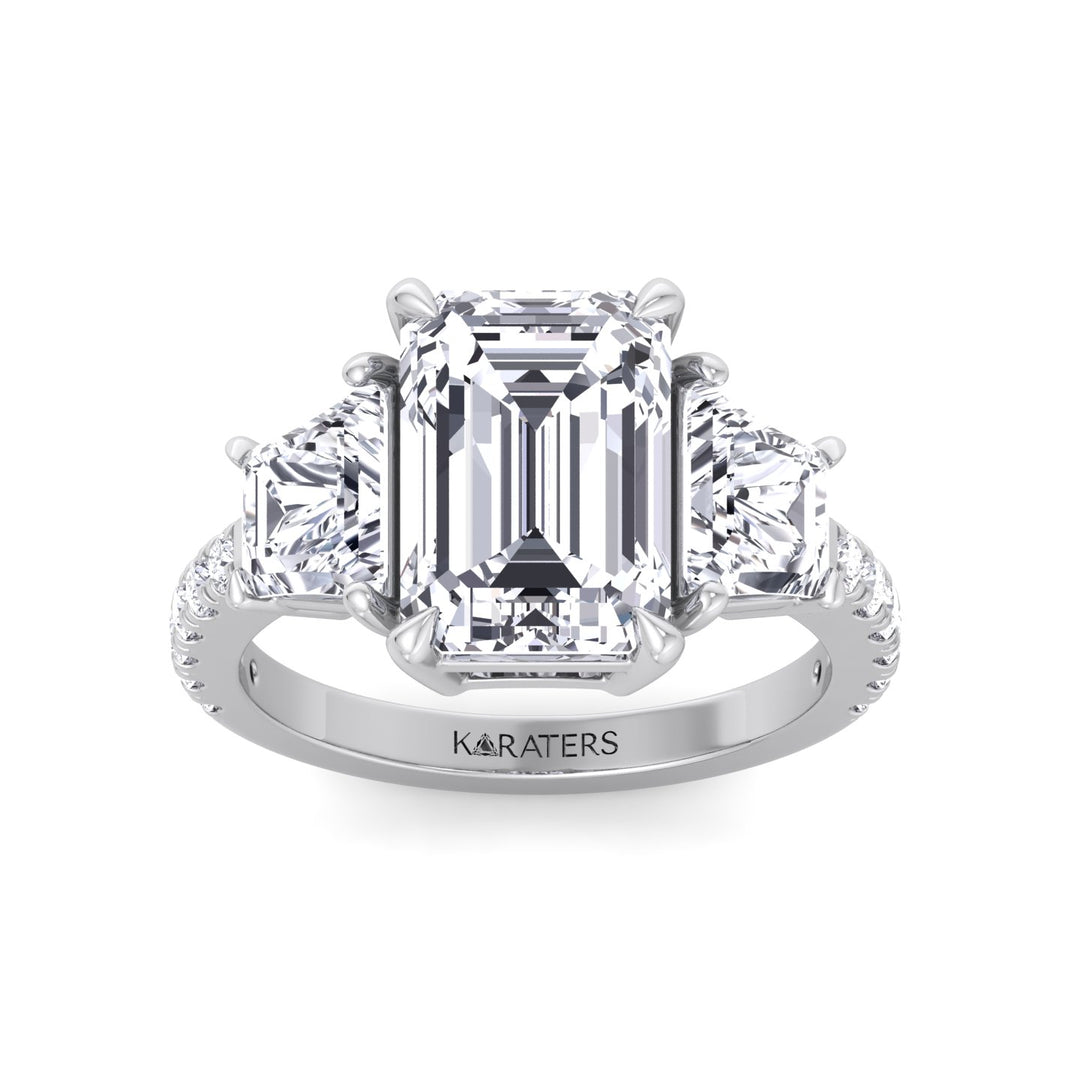 Emerald & Trapezoid Three Stone Lab-Grown Diamond Engagement Ring with Sidestones White Gold 14K 18K