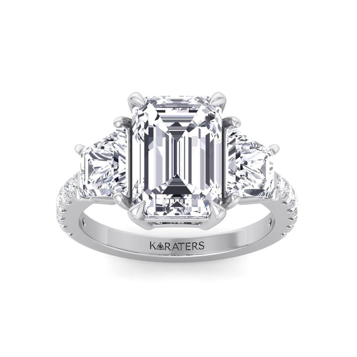 Emerald & Trapezoid Three Stone Lab-Grown Diamond Engagement Ring with Sidestones White Gold 14K 18K