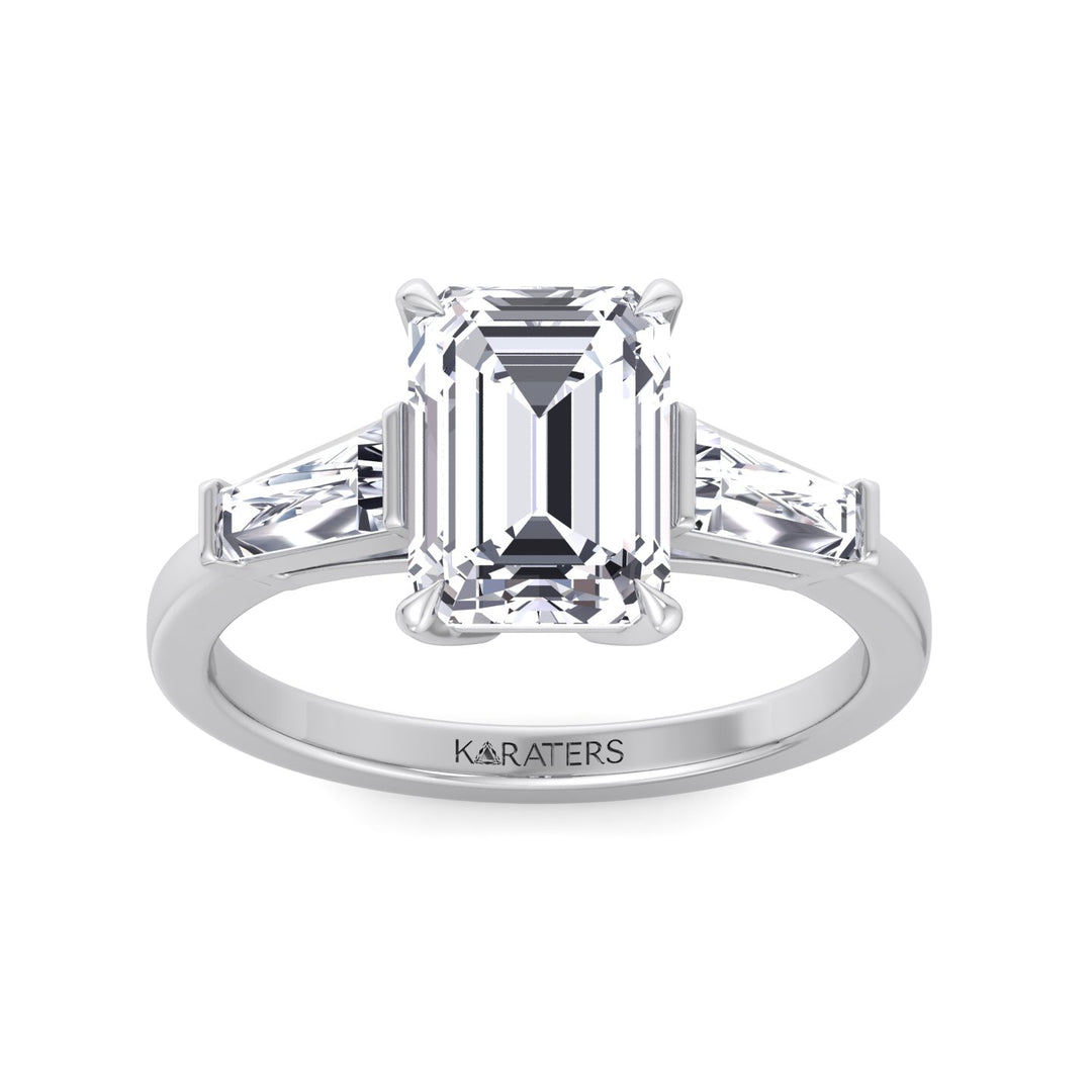 Emerald Cut Grown Diamond Solitaire Engagement Ring With Tapered Baguette Sidestones White Gold  18K