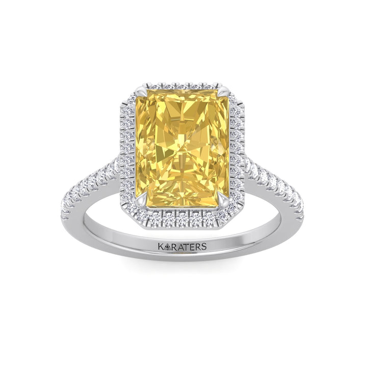 Elba - Radiant Cut Canary Yellow Lab-Grown Diamond Engagement Ring With Pave Band and Halo