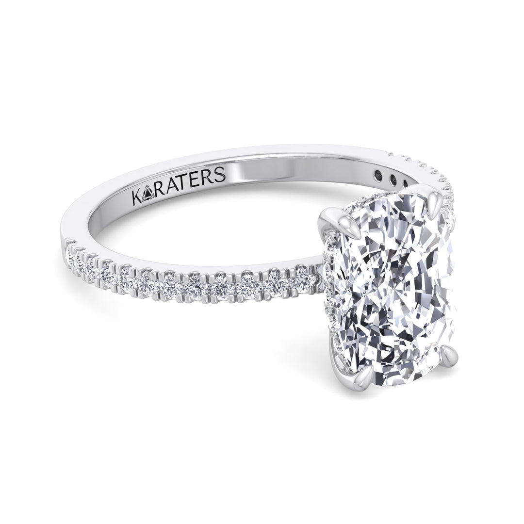 Elongated Cushion Cut Lab Grown Diamond Engagement Ring with Sidestones and Hidden Halo
