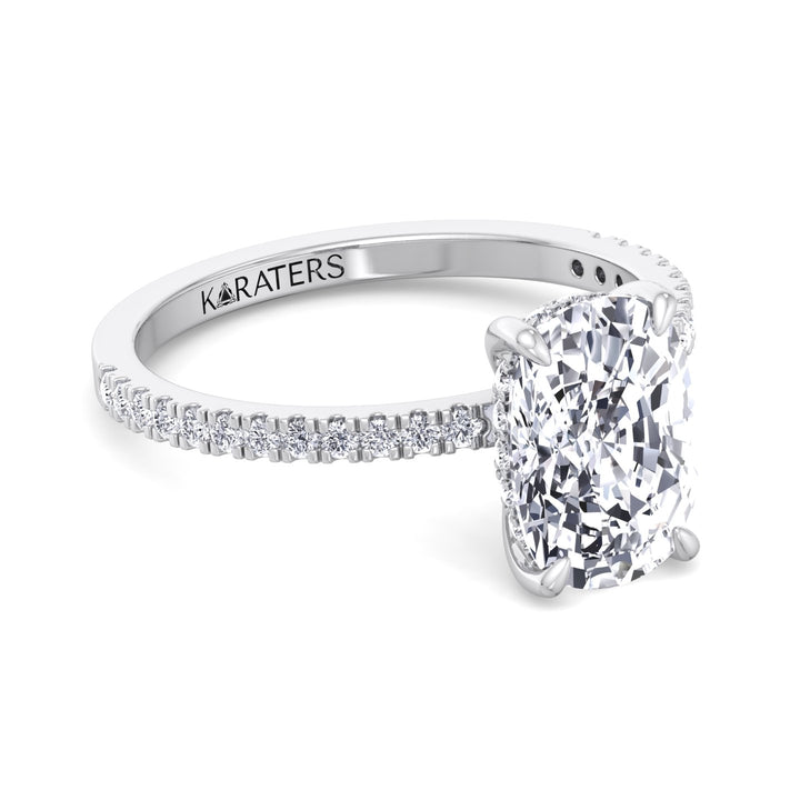 Elongated Cushion Cut Lab Grown Diamond Engagement Ring with Sidestones and Hidden Halo
